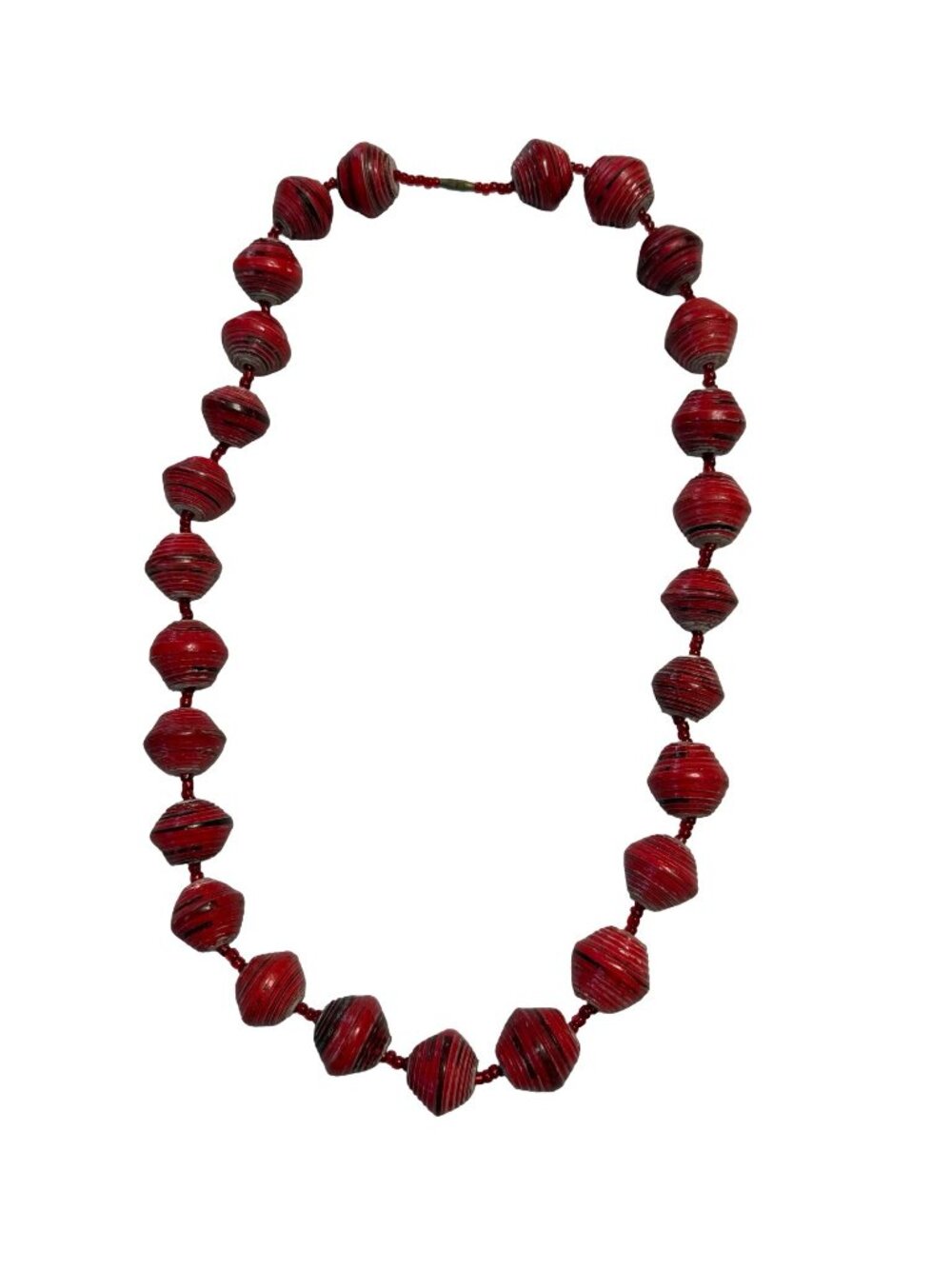 Vintage Red Black Rolled Paper Bead Necklace 27" Handmade Boho Folk Art